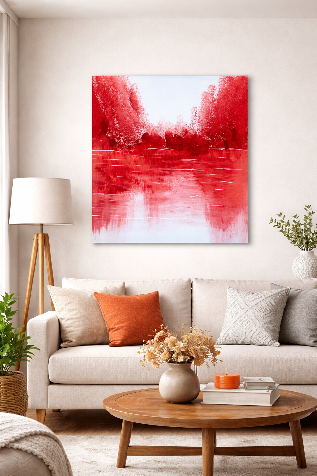 Bold Red Abstract Landscape Canvas – 16” x 20” Modern Wall Art