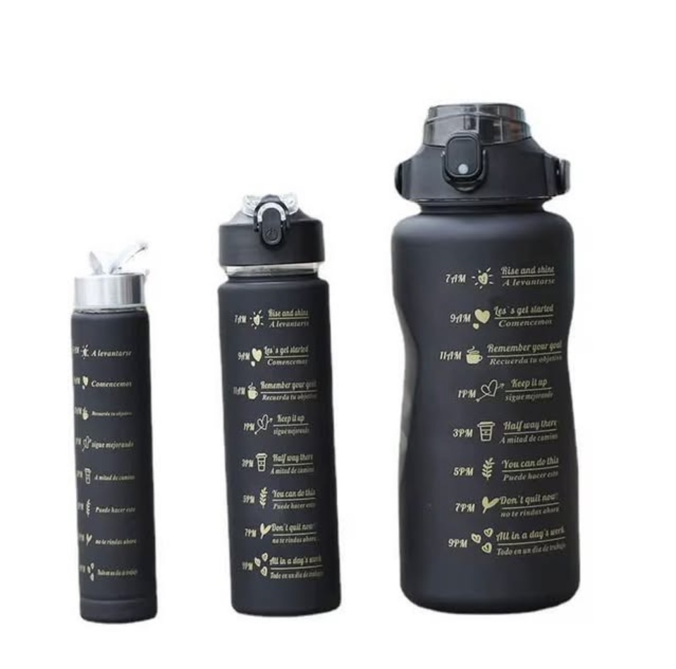 Black 3 in 1 Motivational Water Bottles 2L/900ml/300ml - 64oz-32oz-300ml Sports Water Bottles