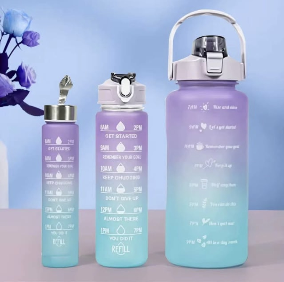 Motivational Water Bottle Set, 3 Sizes with Time Markers, Anti-Skid Design, Carry Strap, Silicone Seal Cap (Green Purple Color)